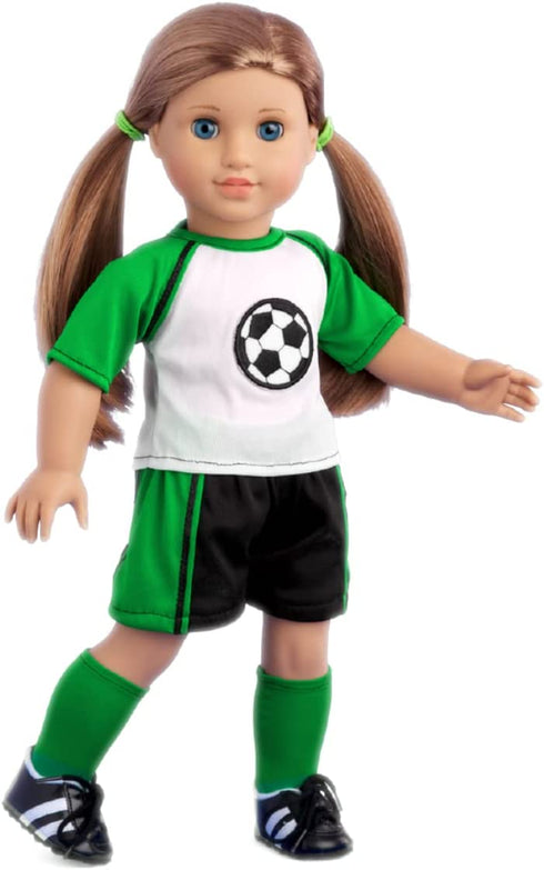 DreamWorld Collections - Soccer Girl - 4 Piece Soccer Outfit - Shirt, Shorts, Socks and Shoes - Clothes Fits 18 Inch Doll (Doll Not Included)