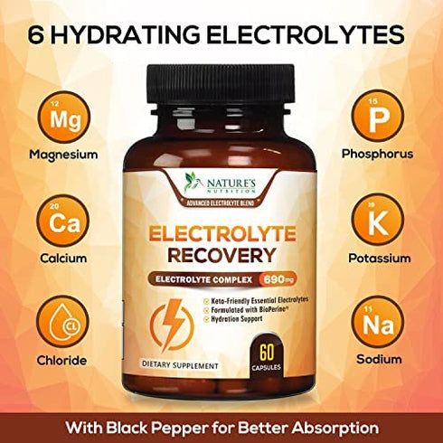 Electrolyte Hydration Tablets - Keto Friendly Zero Calorie Electrolytes Supplement for Rapid Rehydration & Recovery, Gluten-Free with Potassium and Magnesium for Sports and Exercise - 60 Capsules