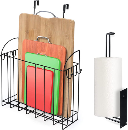WIFTREY Over The Cabinet Door Organizer Holder and Paper Towel Holder Wall Mount Set for Kitchen Bathroom Pantry, Big Storage Rack for Cutting Boards, Black