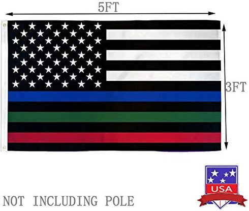 Thin Blue Red Green Line American Flag 3x5 Outdoor- Heavy Duty Police Firefighter Military Army Fireman USA Flags Blue Red Green Lives Matter Stripe Flag with Grommets