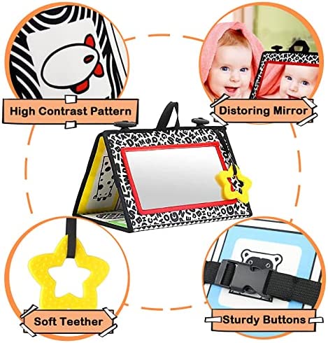 KUANGO Tummy Time Mirror Toys for Babies, High Contrast Activity Montessori Newborn Toys, Black and White Baby Toys 0 3 6 12 Sensory Infant Toys 0-3 Months