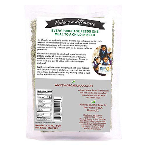 Jiva USDA Organic Fennel Seeds 7oz - Packaged in Resealable Bag