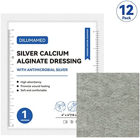 DILUMAMED Silver Calcium Alginate Wound Dressing 4"x4"(Pack of 12), High Absorption Bandage Patch for Bed Sore, Pressure Sore, Leg Ulcer, Diabetic Foot Wound Care