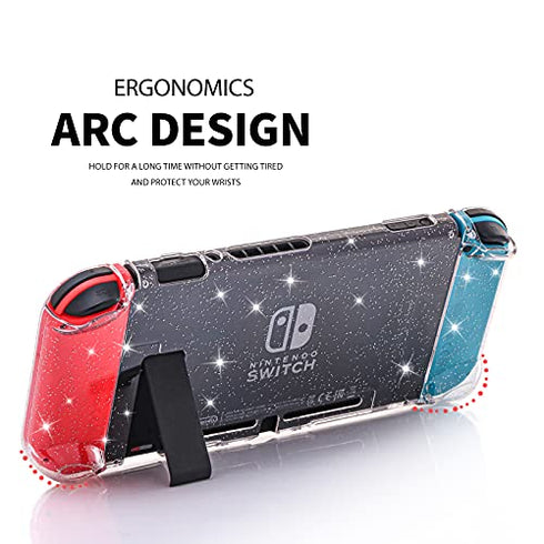 Switch Clear Glitter Case, Switch Protective Case with Tempered Glass Screen Protector and Thumb Grip Caps