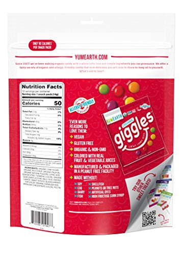 YumEarth Organic Fruit Flavored Giggles Chewy Candy Bites, 10- 0.5 oz. Snack Packs, Allergy Friendly, Gluten Free, Non-GMO, Vegan, No Artificial Flavors or Dyes