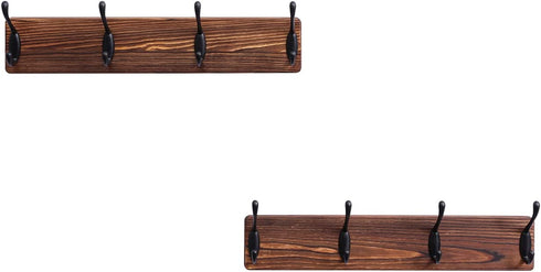 OROPY Rustic Wooden Coat Rack 2 Pack, Wall Mounted Heavy Duty Pine Wood Hat Hanger with 4 Black Metal Hooks for Entryway Bathroom Closet Organizer, Burnt Wood Color