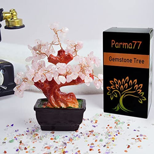 Parma77 Feng Shui Natural Rose Pink Quartz Crystal Money Tree Bonsai Style Decoration for Wealth and Luck