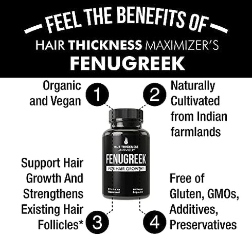 Organic Fenugreek Vegan Capsules. Hair Growth Vitamins Supplement for Women and Men for Hair Loss and Thinning. Hair Regrowth Natural Pills. Gluten Free Pure Extract Seed Powder Tablets