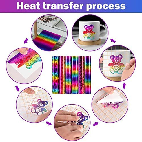 Holographic Rainbow Adhesive Vinyl Roll 6 Sheets 12" x 10" Metallic Glitter Permanent Craft Vinyl Sheets Strips Adhesive Printed Vinyl for DIY Gifts Signs Crafts Easy to Cut & Weed