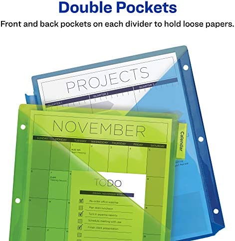 Avery 5-Tab Plastic Binder Dividers with Pockets, Insertable Multicolor Big Tabs, 1 Set (11906)