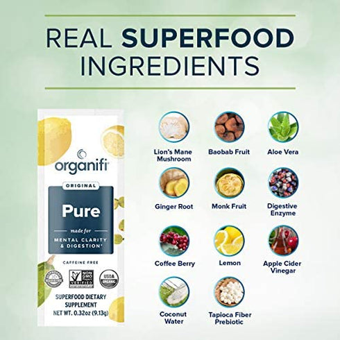 Organifi: Pure Smart Packs - Mental Clarity Superfood Solution - 30 Packets - Lemon Flavor - Promotes Normal BDNF Levels