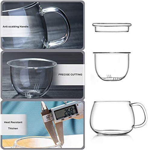 Lezero 13 ounce Tea Cups Kits Loose Tea-leaf Brewing System, Thickened Glass Cups with Tea Infuser Basket and Lid, Simple Filtration Teacups Great for Family Daily