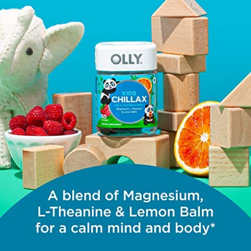 OLLY Kids Chillax, Magnesium Gummies Plus L-Theanine, Lemon Balm, Calm Chews for Kids 2+, Sherbet Flavor - 50 Count