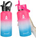 SYACOT 32 oz Stainless Steel Water Bottle, Insulated Double Wall Vacuum Leak Proof Water Flask, Metal Thermo Canteen Mug ”Wide Mouth with 2 Straw Lids (32oz, Pink/White/Blue)