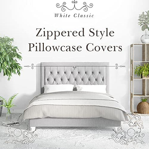White Classic Luxury Hotel Collection Zippered Style Pillow Cover, 200 Thread Count, Soft Quiet Zippered Pillow Protectors, Standard Size, Set of 2