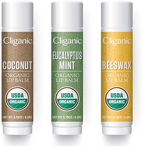 Cliganic USDA Organic Lip Balm Set - 3 Flavors - 100% Natural Moisturizer for Cracked & Dry Lips