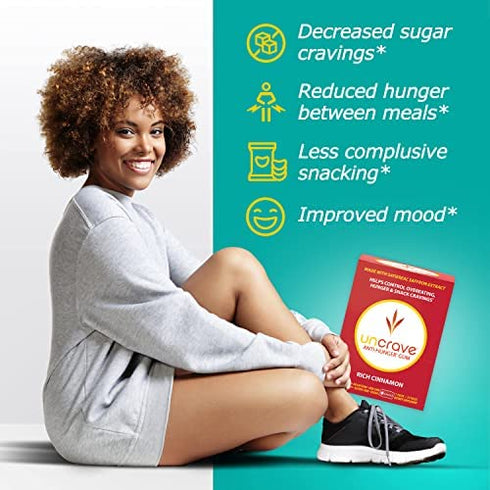UnCrave Anti-Hunger Gum with Satiereal Saffron Extract - Control Compulsive Snacking, Overeating and Cravings for Healthy Weight Management - Improve Mood - Rich Cinnamon, Box of 7 Packs