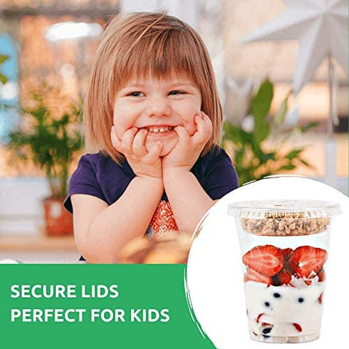 12 oz Clear Plastic Parfait Cups with Insert 3.25oz & Flat Lids No Hole - (20 Sets) Yogurt Fruit Parfait Cups for Kids, for Dips and Veggies, Take Away Breakfast and Snacks. No Leaking