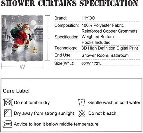 Hiyoo Christmas Santa Claus Shower Curtain with Hooks, Xmas New Year Home Decorations Winter Bathroom Decor Waterproof Polyester Fabric Shower Curtain - Happy Santa Gift-Giving 60" W x 72" L
