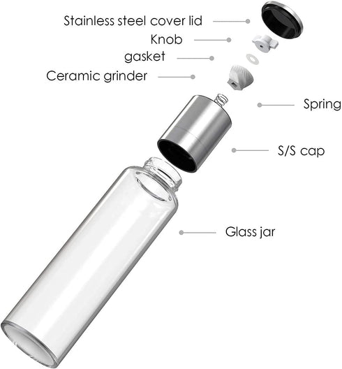 Remedic Premium Stainless Steel Salt and Pepper Grinder Set of 2 Borosilicate Glass Jar - Adjustable Coarseness Ceramic Clear Pepper Spices Shaker - Tall Grinder Mill Set Kitchen Gifts€¦