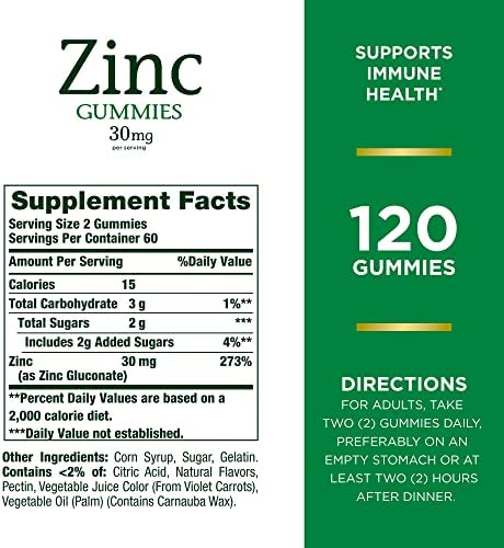 Nature’s Bounty Zinc Gummies, Immune Support Gummies, Supports Skin & Antioxidant Health, Mixed Berry, 30mg, 120 Count