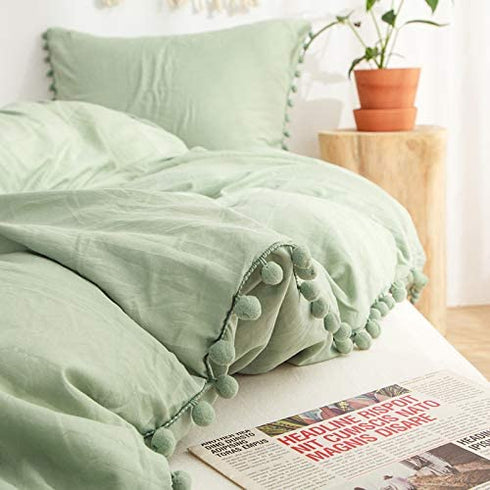 Sage Green Pom Poms Pillowcases, Green Standard Pillow Cases Set of 2, 100% Washed Microfiber, Dark Sea Green Ball Fringe Pillow Cover, 2 Pack (Queen, Sage Green)