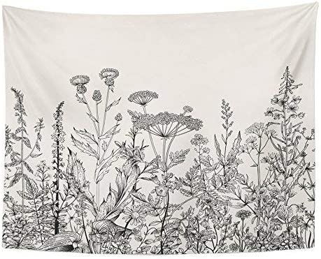 Emvency Tapestry Floral Border Herbs and Wild Flowers Botanical Engraving Style Black and White Home Decor Wall Hanging 60" x 80" Inches Print for Living Room Bedroom Dorm