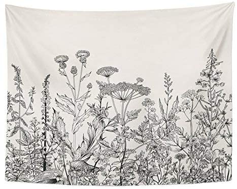 Emvency Tapestry Floral Border Herbs and Wild Flowers Botanical Engraving Style Black and White Home Decor Wall Hanging 60" x 80" Inches Print for Living Room Bedroom Dorm