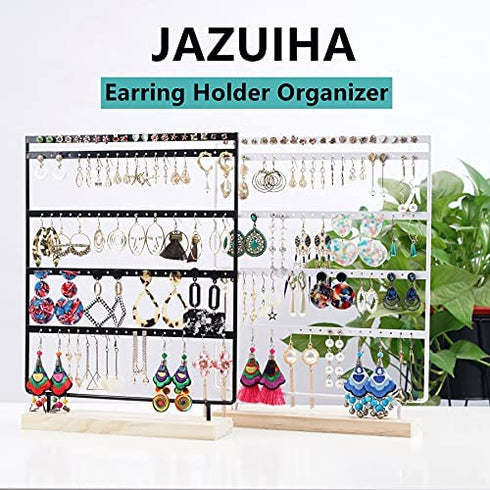 JAZUIHA Earrings Organizer 5-Layer 100 Holes Ear Stud Holder Earring Display Stand Wooden Base Jewelry Organizer for Hanging earrings (black)