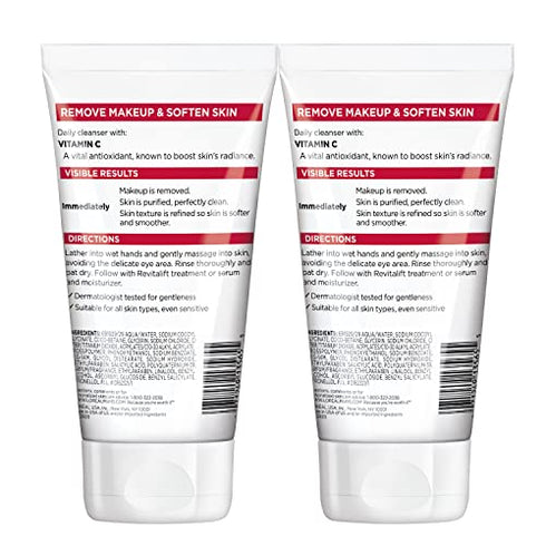 L'Oreal Paris Skincare Revitalift Radiant Smoothing Wet Facial Cream Cleanser with Vitamin C, Gentle Makeup Remover, Face Wash for All Skin Types, 2 count