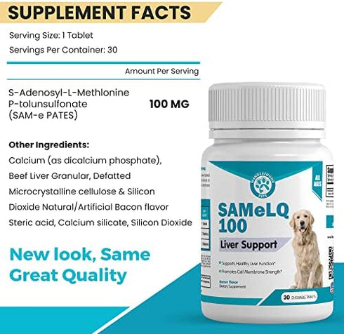 SAMeLQ 100, Liver Support for Dogs, SAM e Chewable Hepatic Support for Dogs, Promotes Cell Membrane Strength, Bacon Flavor (30 Count)