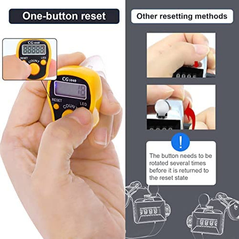CG LED Finger Tally Counter, 5-Pack Digital Electronic Tasbeeh Counters, Lap Track Handheld Clicker with Ring, Re-settable Digits Display for People Muslims, by Black White Red Orange Blue Five colors