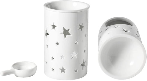 T4U Ceramic Tealight Candle Holder Oil Burner, Essential Oil Incense Aroma Diffuser Furnace Home Decoration Romantic White Set of 2, Star Pattern
