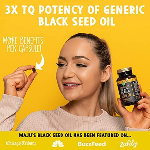 MAJU's Black Seed Oil Capsules - Cold Pressed, 2% Thymoquinone, 100% Turkish Black Cumin Nigella Sativa Seed Oil, Organic BSO, Non-GMO, 100% Liquid Pure Blackseed Oil, 60 count, 500mg per capsule