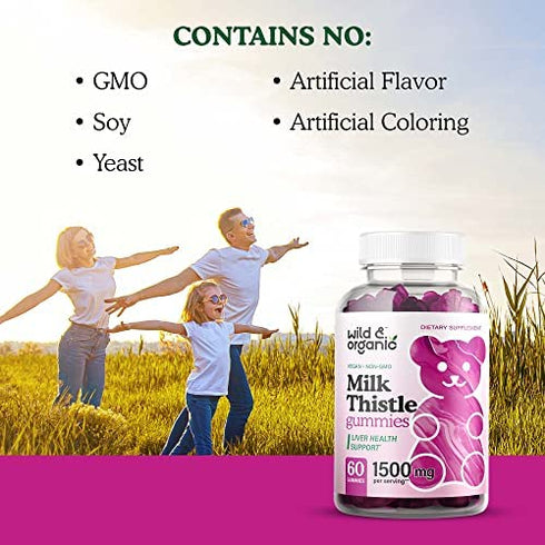 Wild & Organic Milk Thistle Gummies - Liver Cleanse & Repair Liver Supplement - Organic Silybum Marianum Herbal Supplements & Immune Support Gummy - Non-GMO 4:1 Extract - 60 Vegan Chews