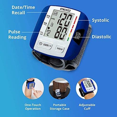 HoMedics Blood Pressure Monitor, Automatic Wrist Blood Pressure Machine with Easy One-Touch Operation, Stores up to 30 Readings for 2 Users, Attached Blood Pressure Cuff and Storage Case Included