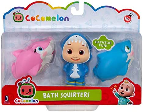 Cocomelon Official Bath Squirters, Featuring JJ Character Toy (4” Tall) and 2 Sharks (4” Wide), Bath Time Fun Playset - Character Toys for Babies, Toddlers, and Kids