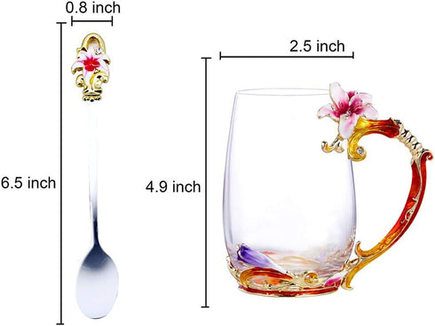 Goodking Enamels Coffee Mug Flower Glass Tea Cups with Spoon, Best Christmas Birthday Gifts For Women Grandma Mom Teachers Friend Wife 12oz