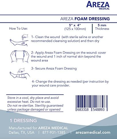 Foam Dressing Polyurethane 5"x4" 12.5 Cm X 10 Cm Box of 5 Sterile (1); Thickness of Foam 0.2" (5 mm) Wound Dressing by Areza Medical