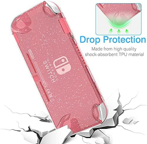 HEYSTOP Switch Lite Pink Cover Case for Girls, Glitter Bling TPU Protective Case with HD Tempered Glass Screen Protector and Thumb Grips with Shock-Absorption/Anti-Scratch Design - Glitter Bling