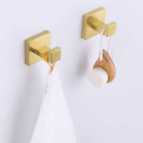 Bathroom Towel Hook 2 PCS, Angle Simple SUS304 Stainless Steel Shower Towel Holder, Coat Bathrobe Hanger, Square Robe Hook, Wall Mount, Brushed Gold