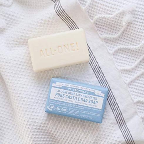 Dr. Bronner’s - Pure-Castile Bar Soap (Baby Unscented, 5 ounce, 2-pack) - Made with Organic Oils, For Face, Body, Hair, Gentle for Sensitive Skin, Babies, No Added Fragrance, Biodegradable, Vegan