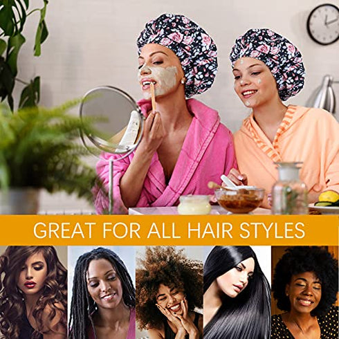 Luxury Shower Cap for Women, Waterproof Reusable Shower Caps Double Layers Microfiber Terry Lined with Dry Hair Function, Large for Long Hair, Adjustable