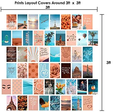WOONKIT Peach Teal Wall Collage Kit Aesthetic Pictures, Collage Kit for Wall Aesthetic, Aesthetic Wall Collage, Cute Room Decor for Teen Girls, Trendy Teen Peach Teal Collage Kit, 50pcs 4x6 inch