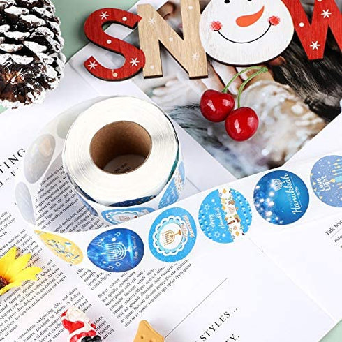 ELCOHO 600 Pieces Happy Hanukkah Stickers Holiday Menorah Labels Stickers Round Hanukkah Themed Seal Stickers for Holiday Decorations