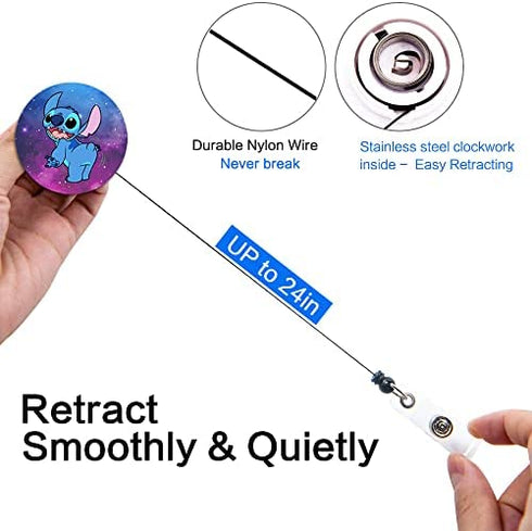Qinsuee Cute Stitch Retractable Badge Holder,4 Pack Cartoon Id Badge Reel Belt Clip for Women Teacher Worker Nurse