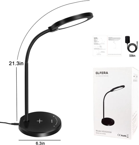 Desk Lamp with Wireless Charger, LED Desk lamp with USB Charging Port, 5 Lighting Modes 10 Brightness Levels, Sensitive Control Eye-Caring Office Lamp Black