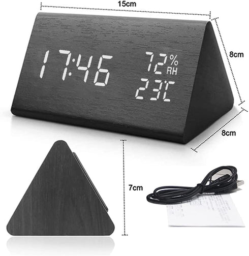 Everwood Wooden Digital Alarm Clock with Electronic LED Time Display, Humidity & Temperature Detect for Bedroom, Bedside (Black Triangle)