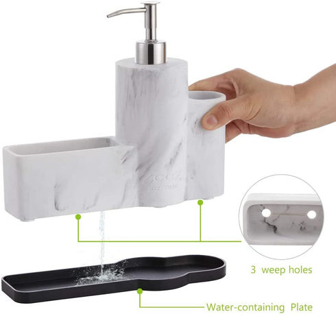 zccz Soap Dispenser with Sponge Holder and Brush Holder, Marble Pattern Kitchen Dish Soap Dispenser Pump Bottle Countertop Sink Caddy Bathroom Organizer Sponge Holder for Sink Storage and Organization