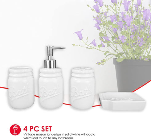 Home Basics Rustic Mason Jar 4 Piece Décor Bathroom Accessories Set, includes Lotion Pump Dispenser, Toothbrush Holder, Cup Tumbler, and Soap Dish , White